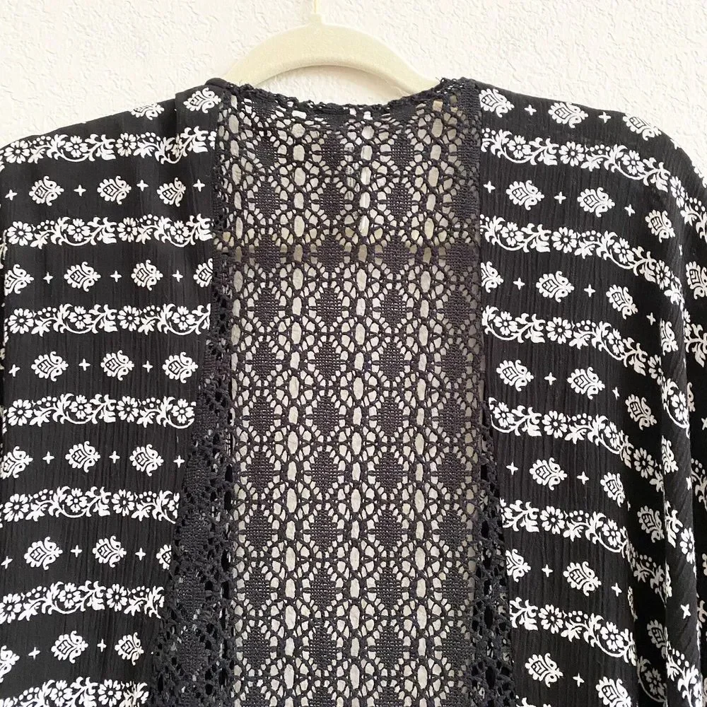 Aeropostale Black White Wrap Kimono Topper One Size‎ Crochet Gauzy